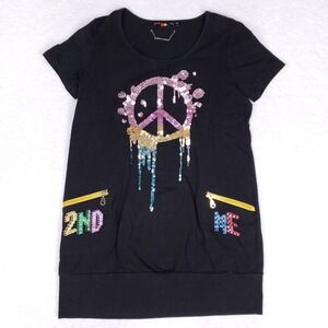 Second Me Sequin Peace Sign Top Black Short Sleeve Sz 44 Festival Rave Y2K Style